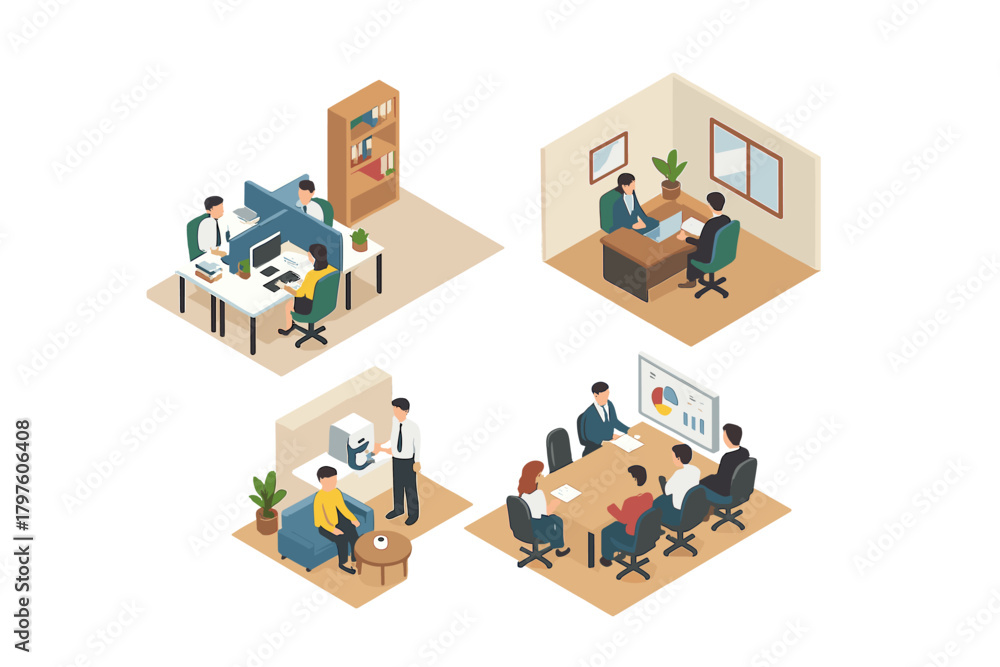 Fototapeta premium Isometric business people working in open space, private meeting, and conference room environments