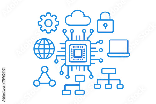 Set of digital technology icons showing microchip, cloud storage, data security, and global network
