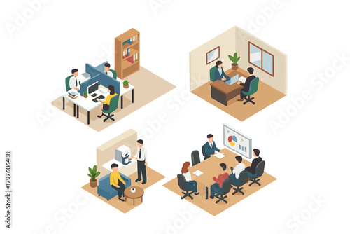 Isometric business people working in open space, private meeting, and conference room environments