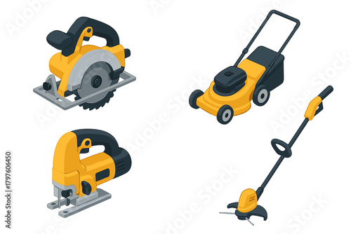 Isometric set of power tools and gardening equipment like circular saw, jigsaw, lawnmower, and string trimmer