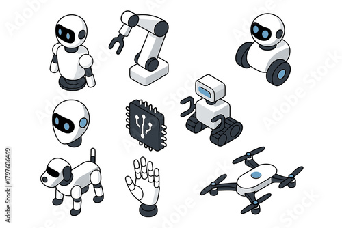 Isometric icons set featuring modern robotics, artificial intelligence, and automation concepts