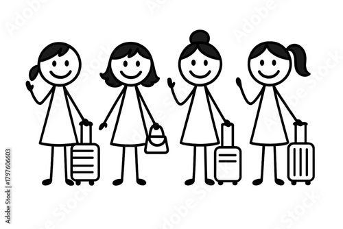 Four smiling female stick figures waving goodbye while holding travel luggage