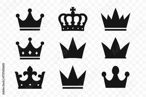 Black silhouette crown icons set for royalty, monarchy, king, queen, and success concepts