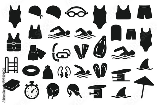 Collection of black silhouette icons representing swimming, diving, and water recreation equipment and accessories