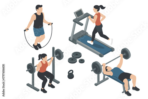 Isometric fitness activities set showing people running on a treadmill, jumping rope, squatting, and bench pressing