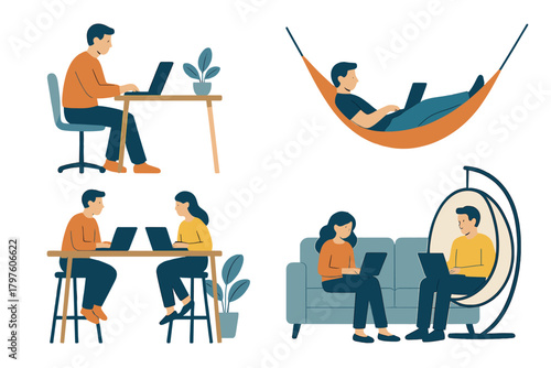 People using laptops in flexible remote work environments and comfortable locations