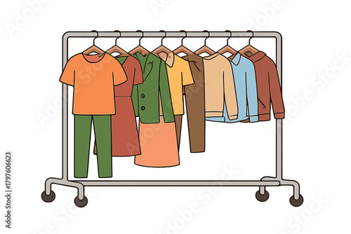 Diverse collection of colorful apparel hanging on a mobile metal clothes rack