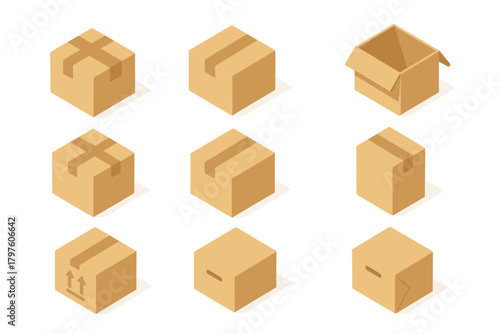 Isometric cardboard shipping boxes and delivery packages set showing various states