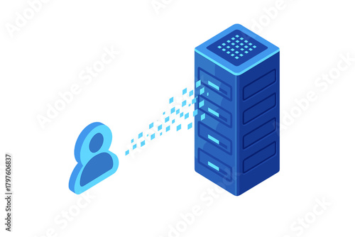 Isometric design showing user data transfer and access to a central server or cloud storage system