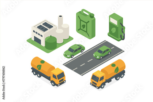 Biofuel supply chain showing production facility, logistics, and green vehicle consumption
