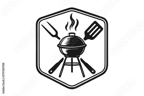 Vintage style barbecue grill and tools emblem design for outdoor cooking