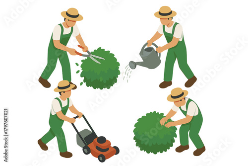 Professional gardener trimming hedges watering plants mowing lawn and shaping bushes for yard care
