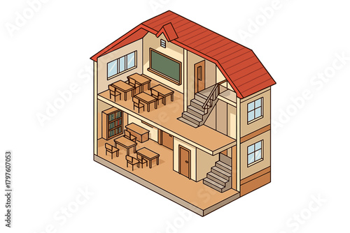 Isometric cross-section view of a two-story school building interior with classrooms and furniture