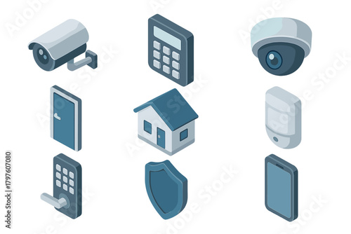 Isometric icons of smart home security system devices including cameras, locks, and keypads