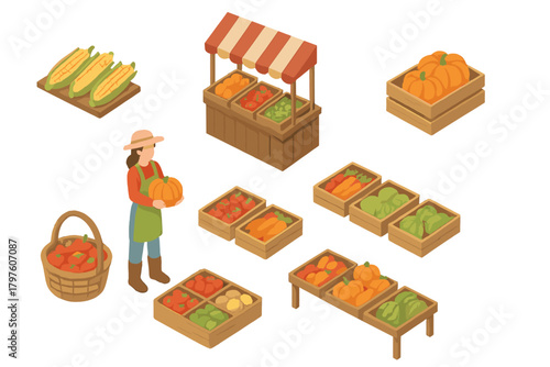 Fresh farm produce display with vendor, market stand, and wooden crates full of organic vegetables