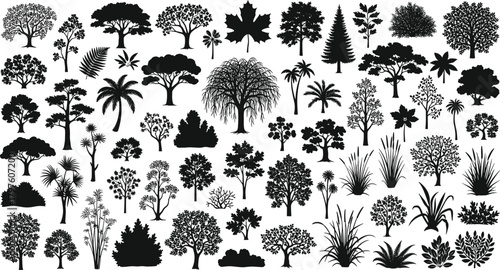 PrintCollection of diverse tree and plant silhouettes, detailed botanical elements, natural foliage shapes, forest and garden vector illustration set for design projects