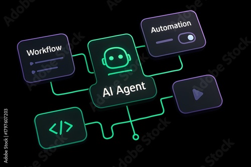 AI Agent Network Conceptual Illustration Connecting Workflow Automation Digital Code Processing Interconnected Artificial Intelligence Central Hub Modern Data Management Innovation Technology