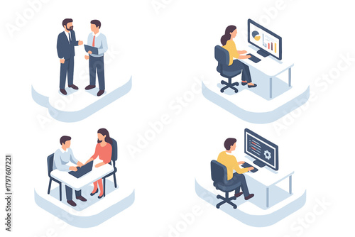 Isometric scenes showing business communication, data analysis, teamwork, and software development