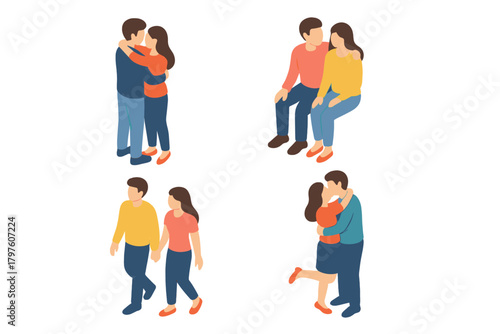 Isometric couples set showing affection, hugging, kissing, sitting, and walking hand in hand