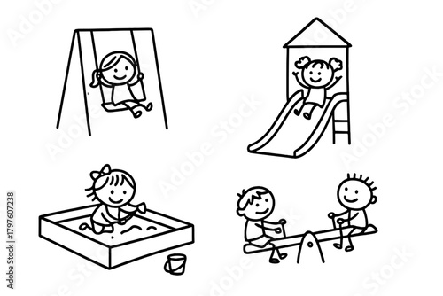 Happy children playing on playground equipment set including swing, slide, sandbox, and seesaw