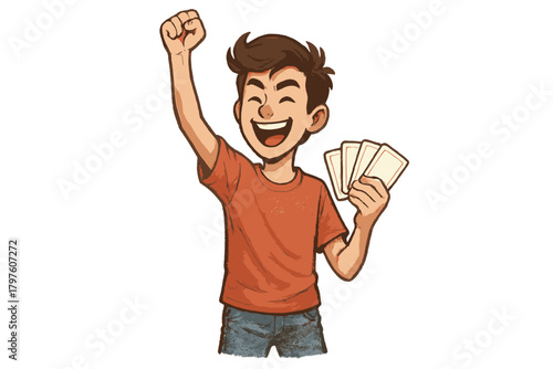 Happy young man celebrating victory with raised fist while holding playing cards