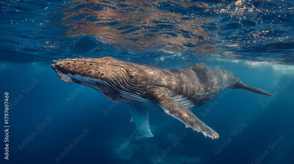 Obraz premium Whale's Underwater Ballet: A majestic whale glides gracefully beneath the ocean surface, showcasing the incredible beauty of marine life and the wonders of the deep.