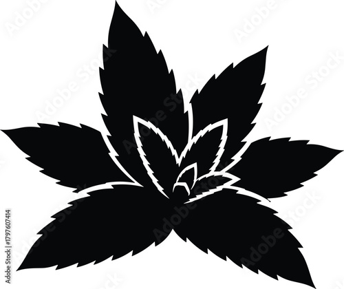 Black silhouette of a mint plant with serrated leaves on white background vector