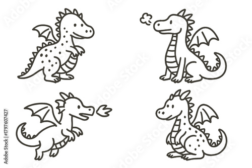 Set of adorable baby dragon characters posing and performing various actions