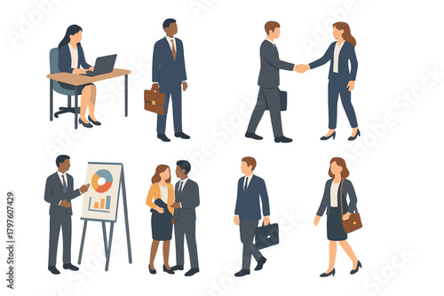 Diverse group of business professionals in various corporate poses and interactions