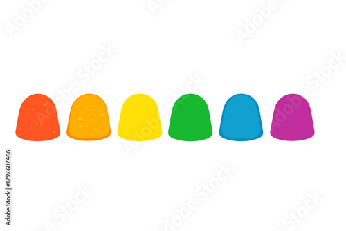 Six vibrant gumdrops lined up horizontally displaying a full spectrum of rainbow colors