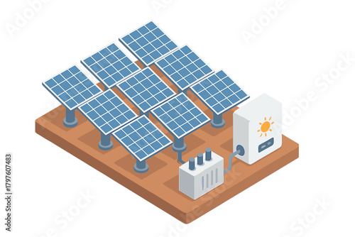 Photovoltaic solar panel array connected to an energy storage system on a brown platform
