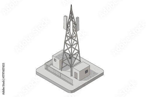 Modern cellular network transmission tower with base station buildings and protective railing