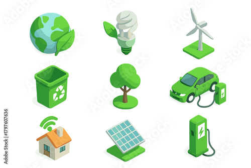 Isometric icons for green energy, recycling, and environmental sustainability