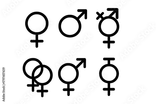 Diverse gender and sexual identity icons featuring male female and transgender symbols