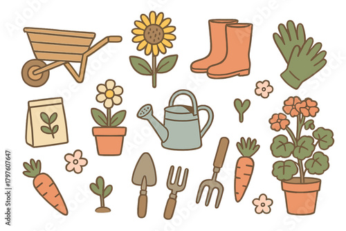 Cute collection of essential gardening equipment, blooming flowers, and fresh vegetables