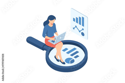 Businesswoman analyzing financial data and statistics using a laptop and magnifying glass
