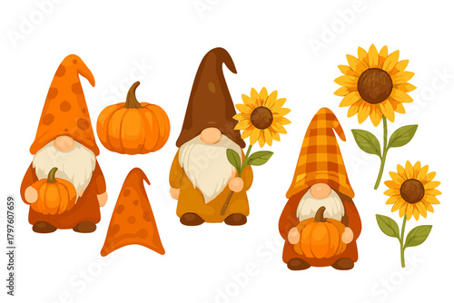 Adorable autumn gnomes wearing pointed hats and holding pumpkins and sunflowers