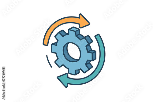 Blue cogwheel mechanism with circular arrows representing continuous process and system update