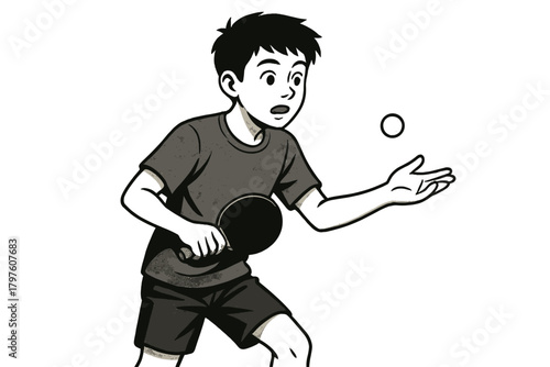 Young boy preparing to serve a ping pong ball during a table tennis match