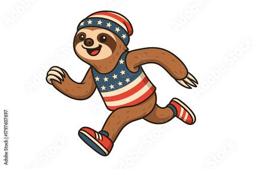 Energetic cartoon sloth character jogging quickly in patriotic American flag themed athletic gear
