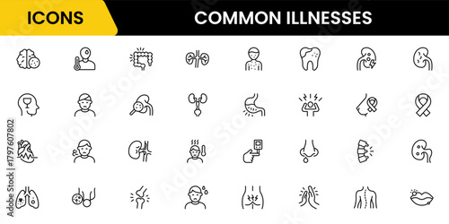 Common Illnesses line icons set. Common Illnesses outline icons with editable stroke collection. These Includes Breast Cancer, Depression, Brain Tumor, Allergy, Diabetes, and More.