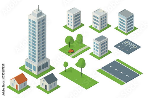 Modular isometric city elements set with buildings, skyscrapers, parks, and infrastructure