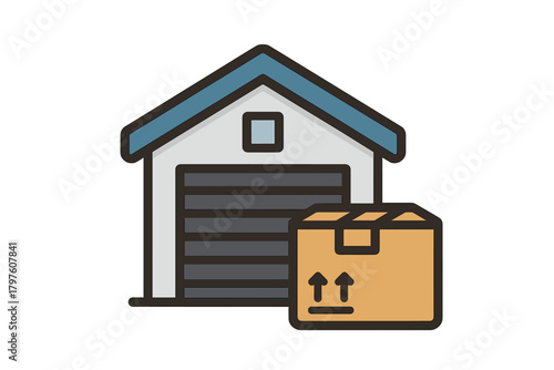 Warehouse building with large closed garage door and a shipping cardboard box