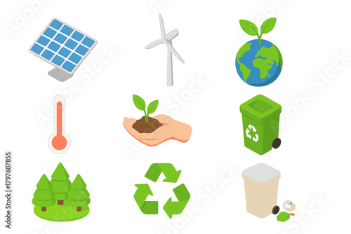 Isometric symbols for ecology renewable energy recycling and environmental protection