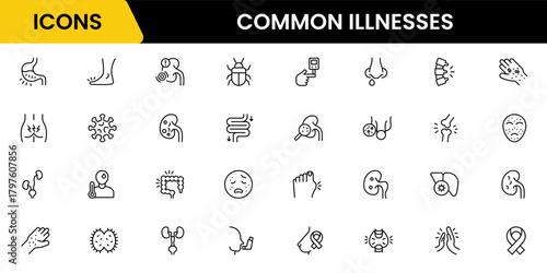 Common Illnesses line icons set. Common Illnesses outline icons with editable stroke collection. These Includes Breast Cancer, Depression, Brain Tumor, Allergy, Diabetes, and More.
