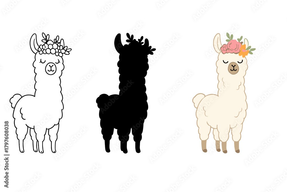 Fototapeta premium Cute llama character set wearing a floral wreath in outline, silhouette, and colored styles