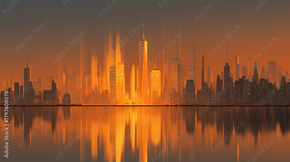 Obraz premium Cityscape Silhouette at Sunset: The silhouette of a cityscape against the warm glow of the sunset, casting a golden hue over the water. A scene of urban tranquility.