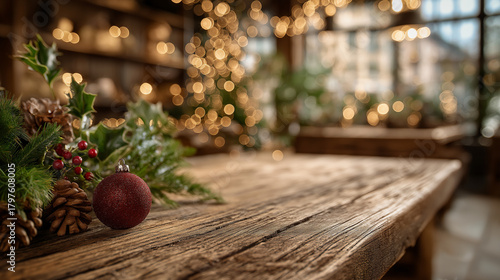 Festive Tabletop Decoration: A cozy scene with a rustic wooden table adorned with Christmas ornaments, pinecones and holly, setting the stage for a warm holiday gathering.