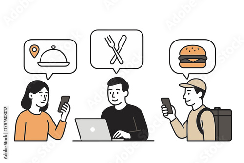 Modern people using technology for online food ordering and restaurant service applications