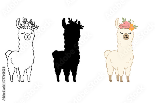 Cute llama character set wearing a floral wreath in outline, silhouette, and colored styles